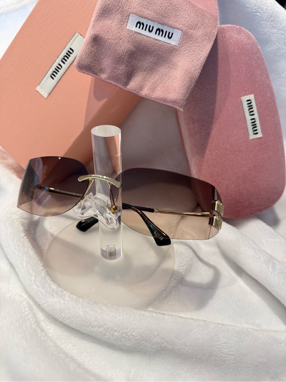 Miu Miu Pink Gradient Rimless Sunglasses with Gold Accents